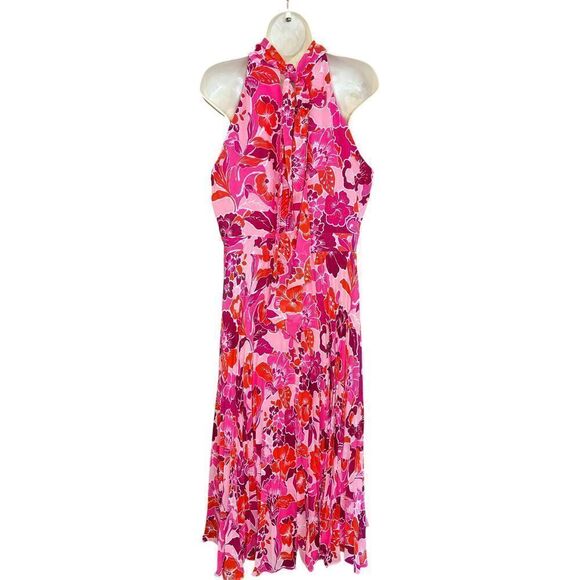 Eliza J Floral Print Pleated Halter Neck Midi Dress in Pink NWT Size 16 - Picture 3 of 6